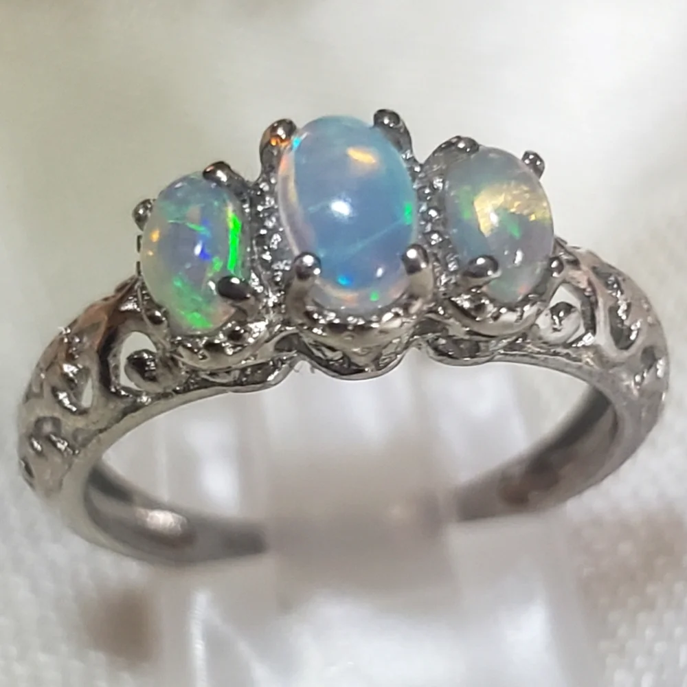 SOLDPremium Ethiopian Welo Opal Trilogy Ring Platinum over Sterling Silver - Picture 1 of 6